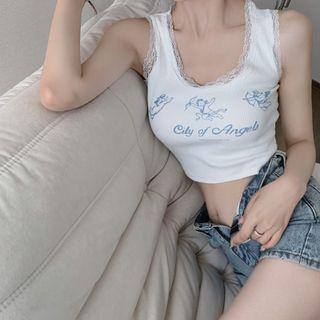 Lettering Lace Trim Crop Tank Top White - One Size