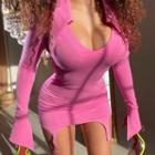 Plain V-neck Long-sleeve Sheath Mini Dress