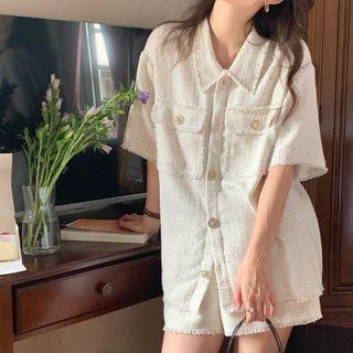 Set: Elbow-sleeve Tweed Button-up Jacket + Shorts Set - White - One Size