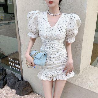 Dotted Puff-sleeve Ruffle Trim Dress