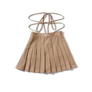 Pleated Cross-strap A-line Mini Skirt