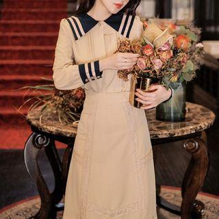 Set: Contrast Trim Blouse + Lace Trim High-waist Maxi A-line Skirt