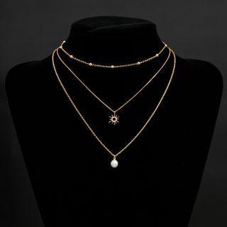 Bead Rhinestone Pendant Layered Necklace Gold - One Size