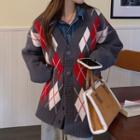 Argyle Single-breasted Sweater Cardigan / Denim Shirt