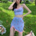 Floral Print Lace Trim Camisole Top / Mini Pencil Skirt