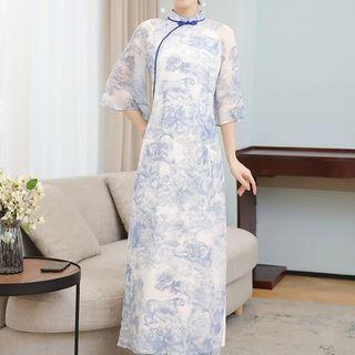 3/4-sleeve Printed Midi A-line Qipao Dress