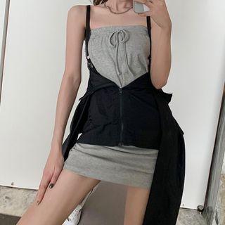 Strapless Sheath Dress / Cropped Hooded Zip Jacket