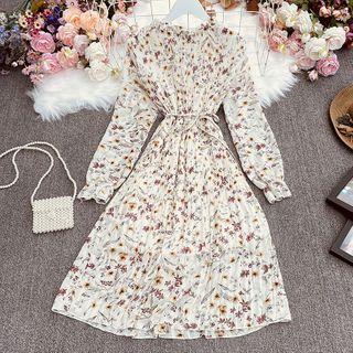 Long-sleeve Ruffle Trim Floral Midi A-line Dress Almond - One Size