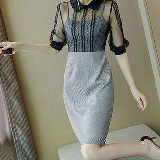 Mock Two-piece Mesh Panel Elbow-sleeve Sheath Dress