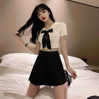 Short-sleeve Top / A-line Skirt / Ribbon / Set