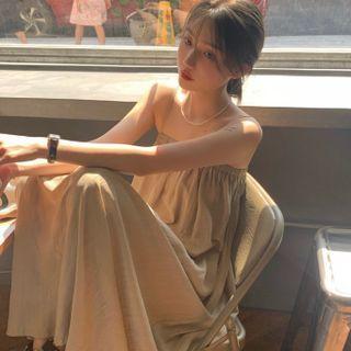 Spaghetti Strap Midi A-line Dress Khaki - One Size