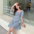 Puff-sleeve Floral Print A-line Dress / Crossbody Bag / Set