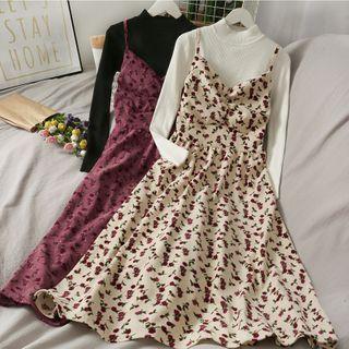 Crewneck Plain Knit Top / Floral A-line Dress