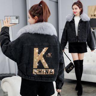 Sequined Lettering Cropped Denim Jacket