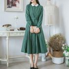 Striped Long-sleeve Gathered-waist Collared Midi Dress