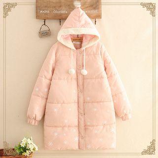 Snowflake Print Hooded Padded Long Jacket