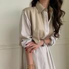 Long-sleeve Paneled Midi A-line Shirt Dress Light Brown & Khaki - One Size