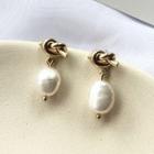 Knot & Freshwater Pearl Dangle Earring E148 - 1 Pair - Faux Pearl - Gold - One Size