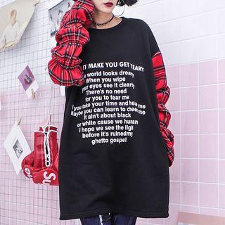 Lettering Long-sleeve T-shirt Dress Black - One Size