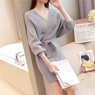 Batwing Long-sleeve Waist-tied Knit Dress