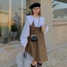 Puff-sleeve Blouse / Faux Leather Overall Dress