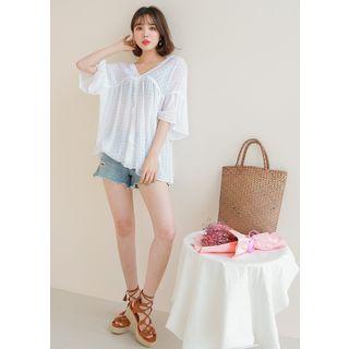 Drop-shouder V-neck Shirred Top
