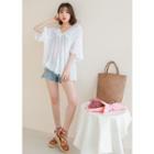 Drop-shouder V-neck Shirred Top
