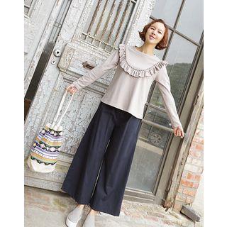 Frilled Band-waist Wide-leg Pants