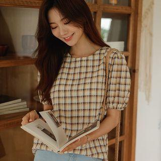 Puff-sleeve Button-back Plaid Blouse