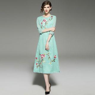 Embroidered Elbow-sleeve Midi Dress