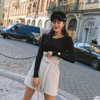 Button-front Corduroy Miniskirt With Belt