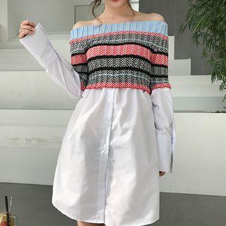 Striped Knit Panel Off Shoulder Long Sleeve Dress