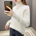 High-neck Lace Panel Faux Furry Plain Sweater