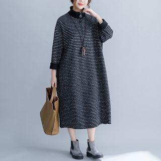 Half Zip Striped Pullover Dress Gray Stripes - Black - One Size