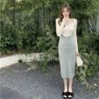 V-neck Color-blocked Knit Long-sleeve Dress