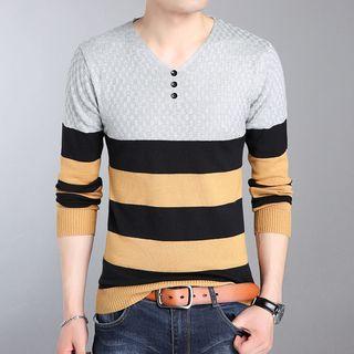 Striped V-neck Henley Sweater