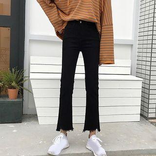 Asymmetric Plain High-waist Frayed Jeans