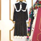 Long-sleeve Dotted A-line Dress Black - One Size