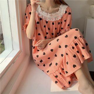 Short-sleeve Heart Print Eyelet Lace Loose-fit Sleepdress
