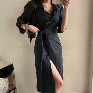 Long-sleeve Henley Side-slit Shirtdress