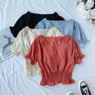 Frill-hem V-neck Dotted Blouse