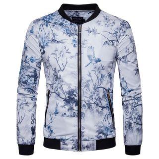 Contrast Trim Zipper Chinese Painting Jacket
