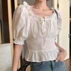 Short-sleeve Off Shoulder Smocked Plain Blouse White - One Size