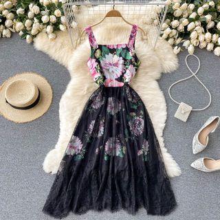 Mock Two-piece Print Panel Lace Spaghetti-strap Dress