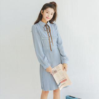 Long-sleeve Ribbon Pleated Chiffon Dress