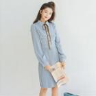 Long-sleeve Ribbon Pleated Chiffon Dress