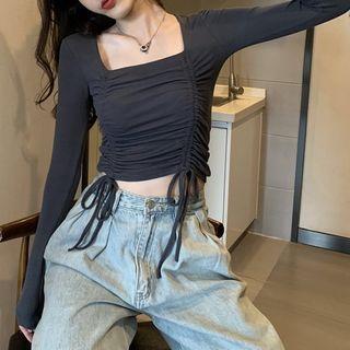 Square-neck Skinny Drawstring Long-sleeve Top