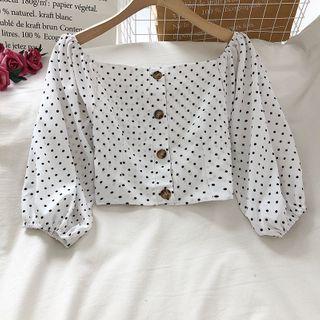 Off-shoulder Polka Dot Lantern-sleeve Blouse