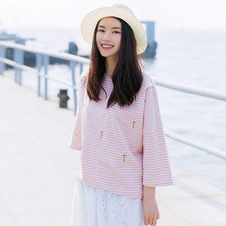 Flower Print Striped 3/4 Sleeve T-shirt