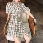Short-sleeve Mini Plaid A-line Dress Almond - One Size
